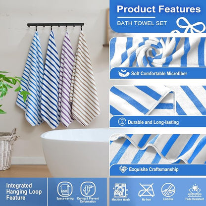 JML Microfiber Bath Towel Sets, 4 Pack, 27" x 55", Cabana Stripe Blue | Soft, Super Absorbent, Fast Drying Bath Towel Set for Swimming, Pool, Summer Beach Party