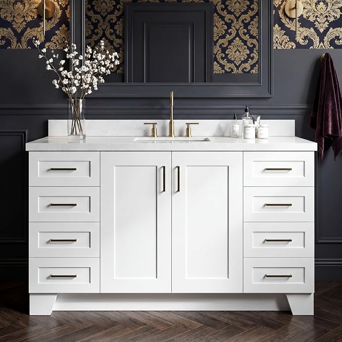 Emilia 60 Inch Bathroom Vanity Single Sink — White Bathroom Vanity with Sink, 1.5" Edge Italian Carrara Marble Countertop, Solid Wood, 2 Soft-Close Doors, 9 Dovetail Drawers