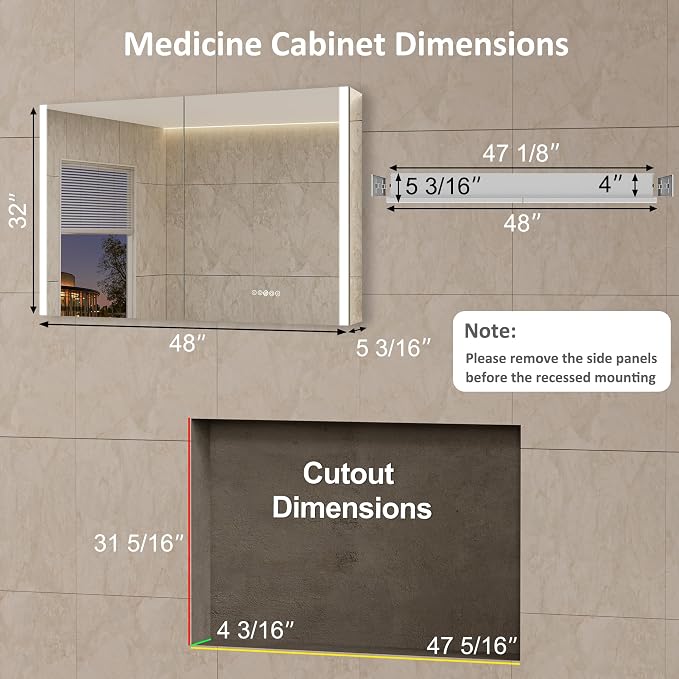 48 x 32 Inch Medicine Cabinet with Mirror and LED Light for Bathroom | Recessed, Wall-Mounted, Dimmable, Anti-Fog, Memory Function, 3 Color Mode, Outlet&USB, Adjustable Shelf, ETL Listed, Aluminum
