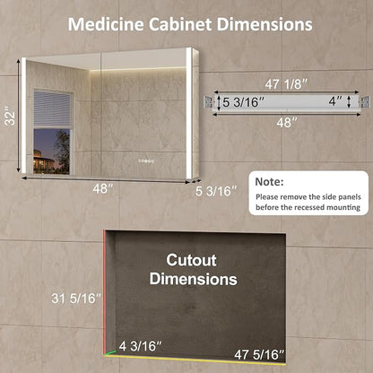 48 x 32 Inch Medicine Cabinet with Mirror and LED Light for Bathroom | Recessed, Wall-Mounted, Dimmable, Anti-Fog, Memory Function, 3 Color Mode, Outlet&USB, Adjustable Shelf, ETL Listed, Aluminum