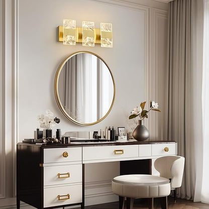 Modern LED Bathroom Light Fixtures Dimmable 3-Light Gold Vanity Light, 5CCT Adjustable Lighting Fixture Vanity Lights Over Mirror, Smoked Acrylic LED Vanity Lights for Bathroom