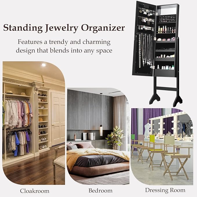Moccha 18 LEDs Standing Jewelry Armoire, Large Lockable Jewelry Organizer, Mirrored Jewelry Cabinet with Full Length Mirror, 1 Inside Makeup Mirror, 4 Storage Shelves, 16 Lipstick Holders, Black