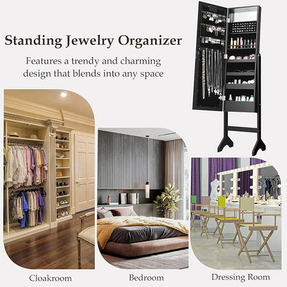 Moccha 18 LEDs Standing Jewelry Armoire, Large Lockable Jewelry Organizer, Mirrored Jewelry Cabinet with Full Length Mirror, 1 Inside Makeup Mirror, 4 Storage Shelves, 16 Lipstick Holders, Black