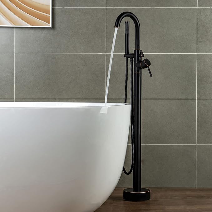 WOODBRIDGE Contemporary Single Handle Floor Mount Freestanding Tub Filler Faucet with Hand shower in Oil Rubbed Bronze Finish, F0010ORBRD