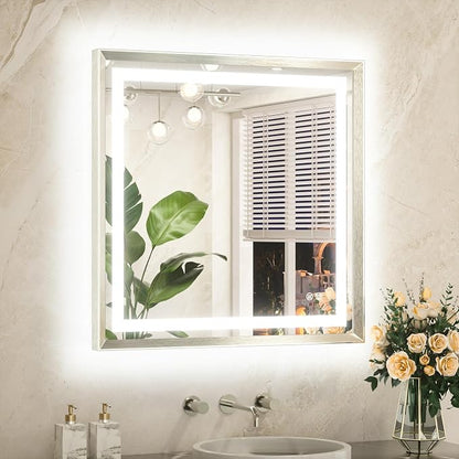 Led Bathroom Mirror 30 x 30 with Brushed Nickel Frame Anti-Fog Frontlit & Backlit Vanity Mirror Stepless Dimmable Mirrors for Bathroom Wall 3 Colors White/Warm/Natural Wall-Mounted