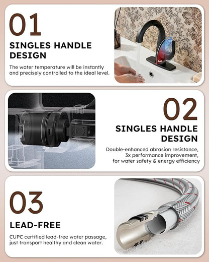 WOWOW Single Handle Bathroom Faucet, Matte Black, 1 Hole, High Arc, Pop Up Drain, Solid Brass, Easy Installation, 5 Year Warranty