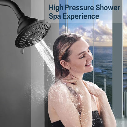 BRIGHT SHOWERS High Pressure Rain Shower Head, Fixed Shower Head with 5 Spray Settings, Adjustable Angle and Anti-Clog Nozzles, Matte Black