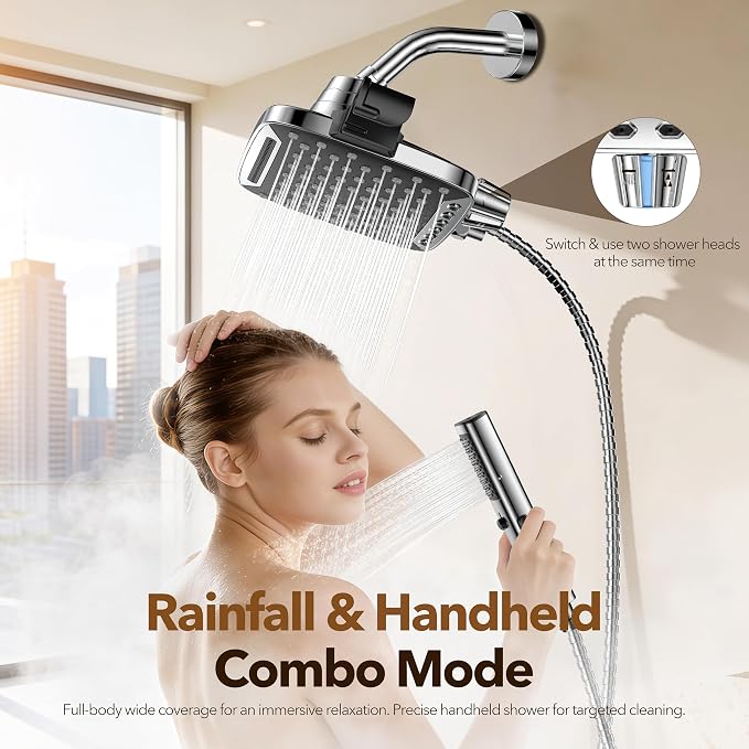 JDO High Pressure Rain Shower Head with Handheld Spray Chrome Polished | 7 Modes Dual Shower Head, 10-inch Rainfall Showerheads Combo, Detachable Hand Held Shower Wand, Power Jets, 71" Shower Hose
