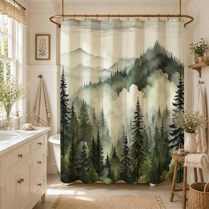Litabel Dark Green Extra Long Linen Misty Pine Forest Shower Curtain 72 x 84, XL Mountain Foggy Woodland Cotton Shower Curtains for Bathroom, Abstract Waterproof Nature-Themed Decor