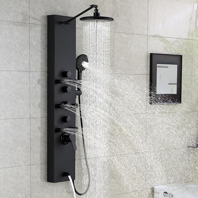 ROVOGO Shower Panel Tower System, 4-Function (Rain Shower, Handheld Sprayer, Body Jets, Tub Spout) with Simultaneous Use Option, Stainless Steel Shower Column with Adjustable Head, Black