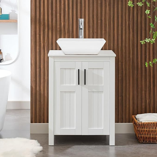 UEV White 24" Bathroom Vanity with Sink Combo,Modern Vanity with Vessel Sink,Stylish Bathroom Vanity Cabinet,Grooved Doors & Metal Handles,Modern White Square Bowl Ceramic Vessel Sink(A07)