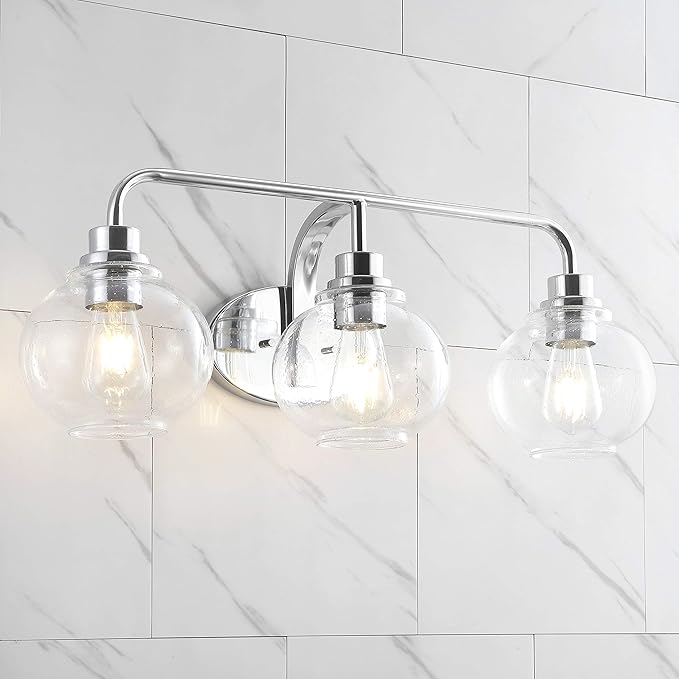 JONATHAN Y 26.25" Chrome Farmhouse LED Vanity Light Wall Sconce for Bathroom, Clear Seeded Glass Shade, Industrial Iron Indoor Fixture, LED Bulb Included (JYL7528B)