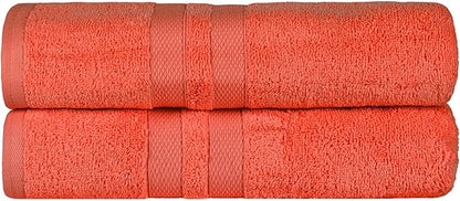 Superior Ultra-Soft Cotton Bath Towel Set, Quick-Dry, Absorbent, Shower, Spa Basics, Large Towels, Bathroom Sets, Bath Essentials, Solid, Double Line Dobby Border, 2 Pack, Set of 2, Tangerine Orange