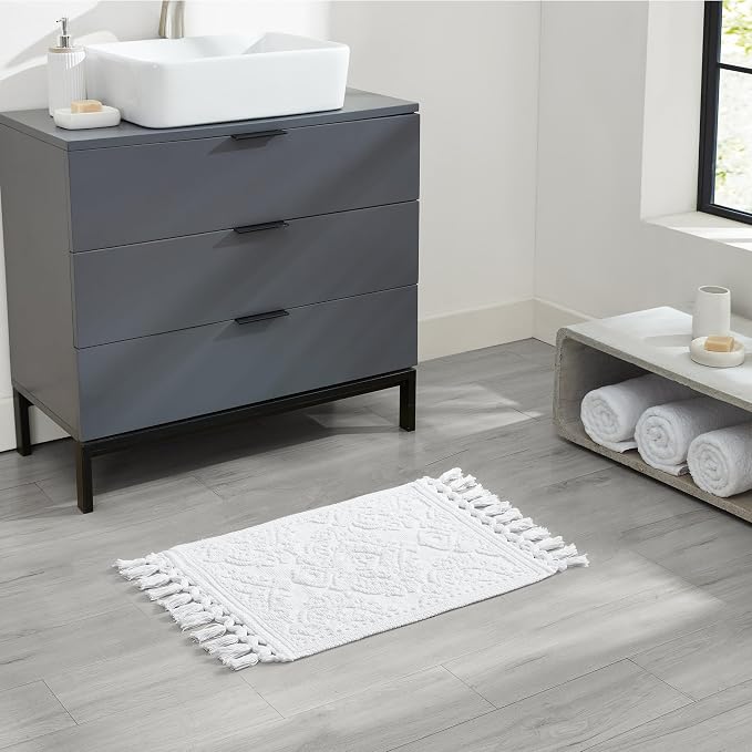 Jean Pierre - Ricardo Bath Mat, Woven Fringe Bathroom Rugs, 100% Cotton, Premium Bathroom Decor - Measures 27" x 52" - White