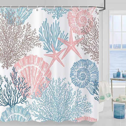 Nautical Coastal Shower Curtain, Blue Pink Ocean Beach Seashell Starfish Themed Bathroom Curtain Waterproof Fabric Machine Washable with Hooks, 72" Wx96 L