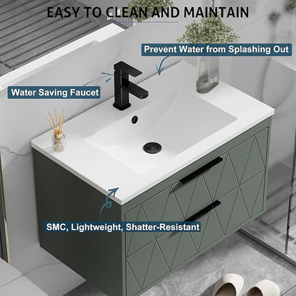 eclife 30" Bathroom Vanities Cabinet with Sink Combo, Wall Mounted Floating Cabinet W/Decor Line, Soft-Close System, 2 Extra Big Drawers, Matte Black Faucet, Gray Green