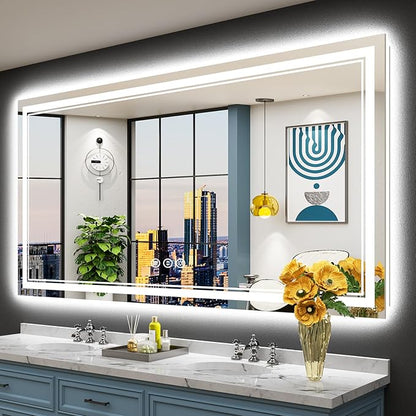 72x40 LED Bathroom Mirror with Lights, Backlit and Front Lit Anti-Fog Lighted Vanity Mirrors for Bathroom Wall, Dimmable, 3-Color Light, Memory, Shatter-Proof, HD Tempered Glass, CRI＞90