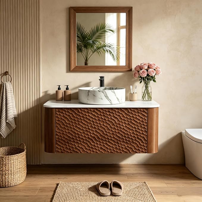 30 Inch Modern Bathroom Vanity with Ceramic Sink, Floating Bathroom Vanity Cabinet with Sintered Stone Top&Solid Wood Hammered Frame, Single Sink Bathroom Vanities w/Soft-Close Drawers,Walnut