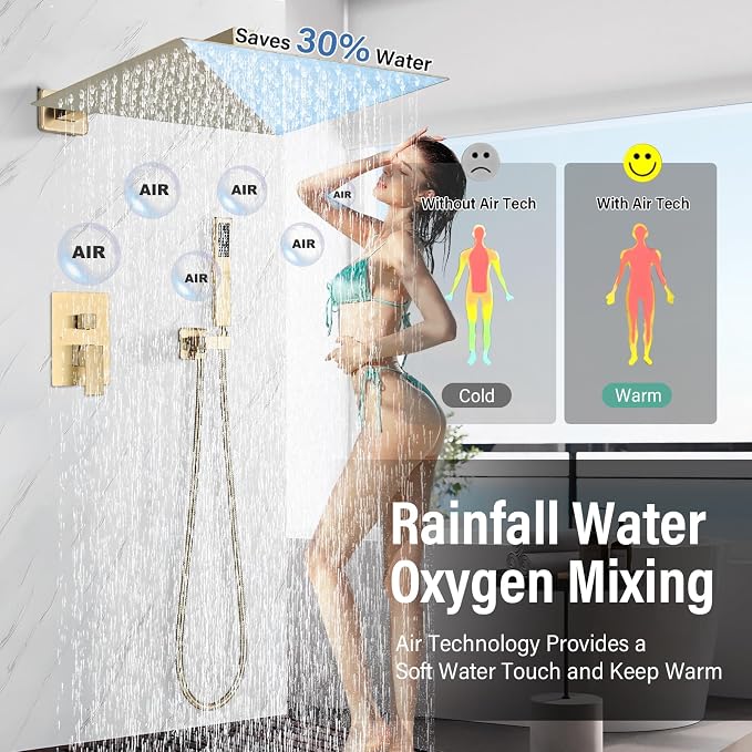 Shower Faucet Rain Shower System with 12 Inches Rainfall Shower Head and Handheld Spray Combo Bathroom Shower Faucet Set Complete Brushed Gold Shower Valve and Trim Kit Wall Mounted