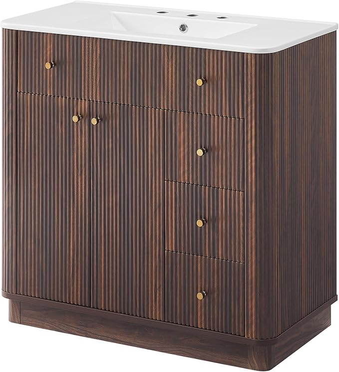 T4TREAM 36 Inch Bathroom Vanity with Sink, Modern Fluted Single Bathroom Vanity with Sink with Storage Cabinet, Adjustable Shelf and 3 Small Drawers, Dark Walnut