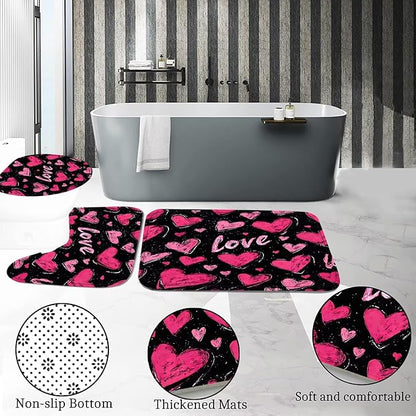 DDQQ 4 Pcs Pink Heart Shower Curtain Set Love Bathroom Sets with Shower Curtain and Rugs Romantic Bathroom Decor Accessories Bathroom Rugs Toilet Lid Cover with Hooks