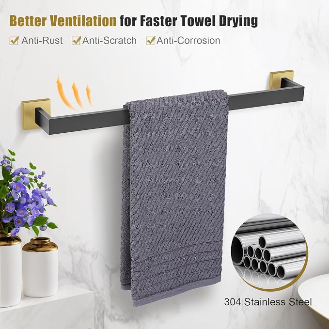 TURS Bathroom Hardware Set Black and Gold 4-Piece Towel Bar Set Include 24 Inch Towel Bar Towel Ring Towel Hook Toilet Paper Holder with Shelf Wall Mounted.