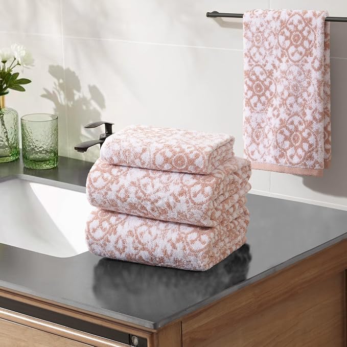 Jessica Simpson - Bath Towel 4 Piece Set, Aziza, Premium Bathroom Decor, Includes 2 Hand Towels and 2 Shower Towels, 100% Cotton & Machine Washable, Rose Smoke