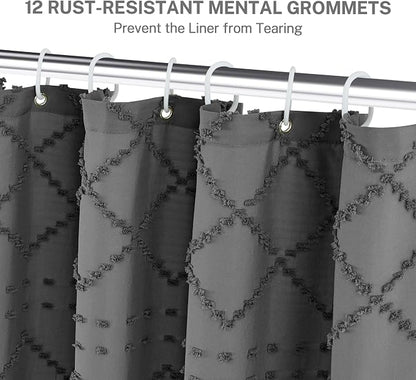 Boho Grey Shower Curtain Woven Fabric Shower Curtain 72 x 72 Tufted Chevron Striped Shabby Chic Textured, Modern Farmhouse Minimalist, Water Resistant Curtain Set for Bathroom, Hotel Decor