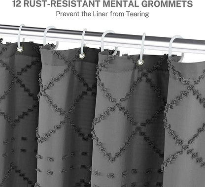 Boho Grey Shower Curtain Woven Fabric Shower Curtain 72 x 72 Tufted Chevron Striped Shabby Chic Textured, Modern Farmhouse Minimalist, Water Resistant Curtain Set for Bathroom, Hotel Decor