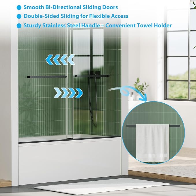 Bathtub Shower Door Glass Sliding 60 Inches,56-60" W x 59" H Frameless Dual Sliding Shower Glass Doors, 6mm Tempered Glass with Stainless Steel Square Rail for Modern Bathroom Matte Black