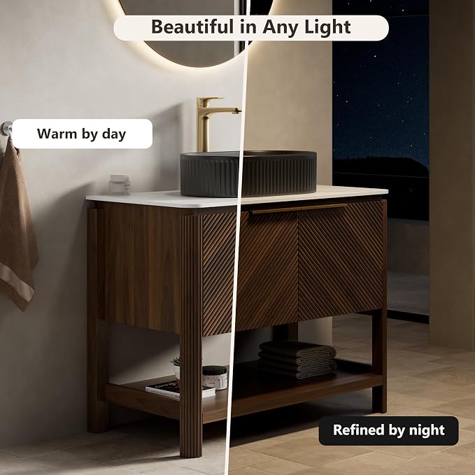 Yayzy 36 Inch Bathroom Vanity with Sink, Freestanding Dark Walnut Bathroom Cabinet, Matte Black Oval Vessel Sink, Carrara White Sintered Stone Countertop, Soft Close Doors, Open Storage Shelf