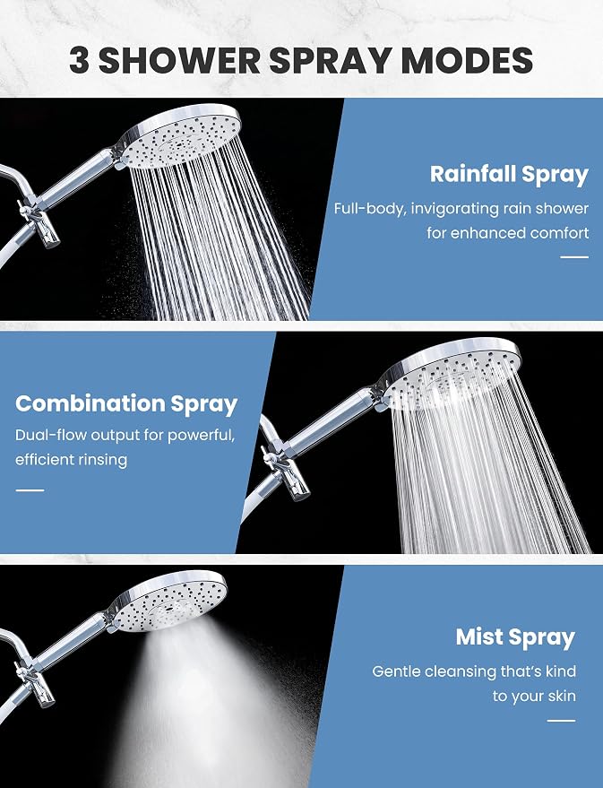 Magichome Filtered Shower Head Handheld Mother-Child Large Arm Combo, High Pressure 10-Spd Detachable Chrome Showerhead w/Stainless Hose, Water Softener Beads Hard Water - Remove Chlorine, Sliver