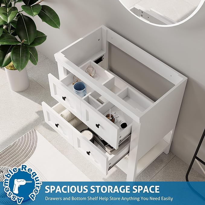 eclife 30" Bathroom Vanity with Sink Combo, Modern Painted Vanities Cabinet with Big Drawers, Opening Bottom Shelf, Raised Foot Pads, Exclude Undermount Sink, Faucet & Drain, White