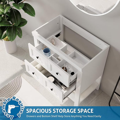 eclife 30" Bathroom Vanity with Sink Combo, Modern Painted Vanities Cabinet with Big Drawers, Opening Bottom Shelf, Raised Foot Pads, Exclude Undermount Sink, Faucet & Drain, White