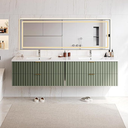 ONBRILL 36 Inch Bathroom Vanity with Sink Combo, Floating Bathroom Vanity with 2 Fluted Drawers & Metal Handle, Modern Wall Mount Storage Cabinet with Ceramic Integrated Sink for Small Space (Green)