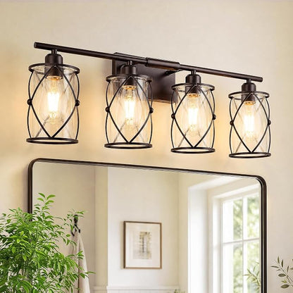 4-Light Oil Rubbed Bronze Bathroom Light Fixtures Over Mirror, 29" UL-Listed Modern Farmhouse Wall Sconce Lights with Clear Glass and Metal Cage for Bath, Hardwire E26, CH9176ORB-4W
