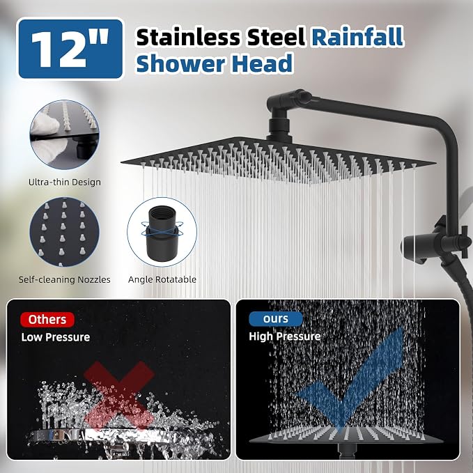 12" Metal Rainfall Shower Head with 10-Mode Handheld, Matteblack | NSF/ANSI/CAN 372 Certified, High Pressure Showerhead Combo with 11" Adjustable Shower Arm, 71" Hose, Shower Head Holder