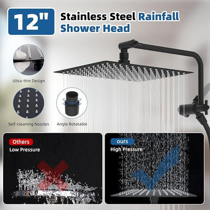 12" Metal Rainfall Shower Head with 10-Mode Handheld, Matteblack | NSF/ANSI/CAN 372 Certified, High Pressure Showerhead Combo with 11" Adjustable Shower Arm, 71" Hose, Shower Head Holder
