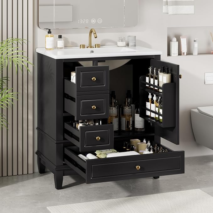 30" Vanity with Sink, Bathroom Vanities 30 Inch with Sink, Single Sink Bathroom Vanity with Shelf and Three Drawers, Soft Close Door, Restroom Vanity with Sink Top (Black)