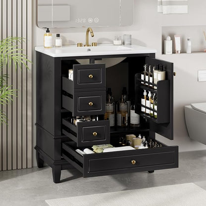 30" Vanity with Sink, Bathroom Vanities 30 Inch with Sink, Single Sink Bathroom Vanity with Shelf and Three Drawers, Soft Close Door, Restroom Vanity with Sink Top (Black)