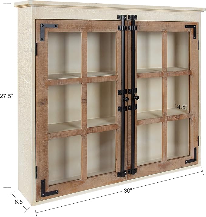 Kate and Laurel Hutchins Decorative Farmhouse Wood Wall Cabinet, 30 x 6.5 x 27.5, White and Brown, Wall Cabinet with Window Pane Glass Door