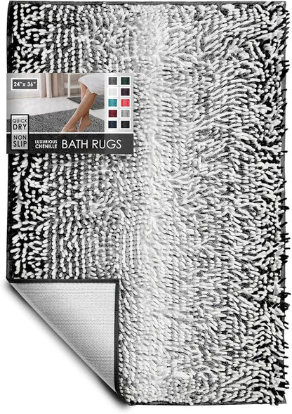 Hearth & Harbor Bathroom Rugs, Chenille Bath Mat - Machine Washable Bath Mats for Bathroom Non-Slip Backing Rubber, Quick Dry Bathroom Mat, 24 x 36 - Ombre Black