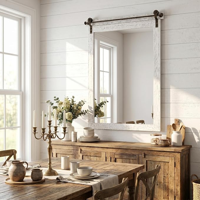 24"x36" Whitewashed Barn Door Vanity Mirror with Wood Header | 100% solid wood, HD tempered glass, bronze-tone iron rail; coastal farmhouse mirror for over sink, guest bath, entryway