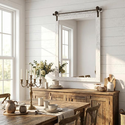 24"x36" Whitewashed Barn Door Vanity Mirror with Wood Header | 100% solid wood, HD tempered glass, bronze-tone iron rail; coastal farmhouse mirror for over sink, guest bath, entryway