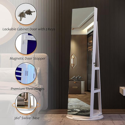 360° Swivel Jewelry Cabinet Organizer with Lights, Full Length Mirror with Jewelry Storage, Lockable Standing Jewelry Armoire Organizer, Mirror Jewelry Cabinet with Inside Makeup Mirror (White)