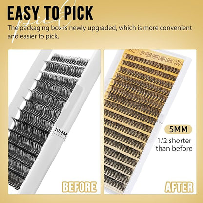 QUEWEL Lash Clusters 320Pcs 30D D Curl Lash Cluster Eyelash Extensions | Cluster Lashes Mix9-16mm Individual Eyelashes Clusters Wispy Lash Clusters Thin Band Soft to Use at Home(30D D Mix9-16)