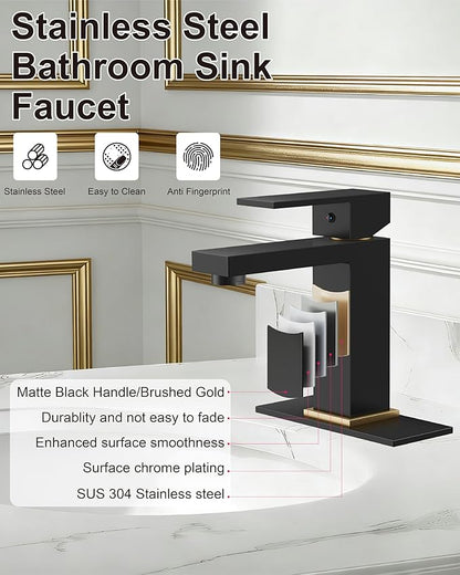 Midanya Bathroom Faucets 1 Hole, Single Handle Stainless Steel Bathroom Sink Faucet, Modern Vanity Faucets with Deck Plate,Water Supply Hoses and Pop Up Drain,Matte Black Handle and Brushed Gold