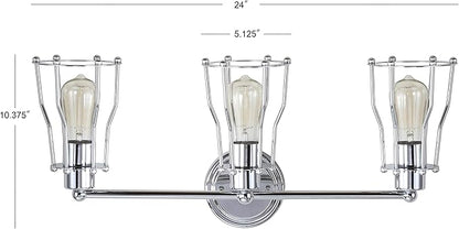 JONATHAN Y 24" Chrome Modern Industrial Metal Vanity Light, Bathroom Sconce for Mirror, Reversible 3-Light Wall Lamp with Metal Cage Shade for Hallway, LED Bulb Included (JYL7417A)