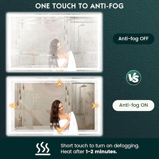 36" x 60" LED Bathroom Mirror with Lights, Memory Vanity Mirror | Anti-Fog, 3 Color Modes, Dimmable, Front Lit, Memory Function, Tempered Glass, Lighted Bathroom Mirror for Wall