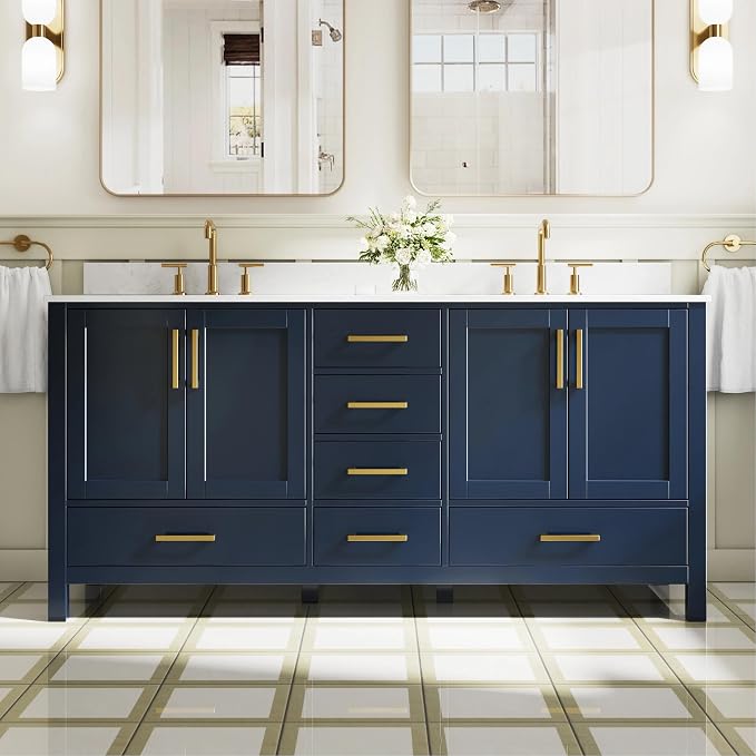 72-Inch Bathroom Vanity with Sink, 4 Soft-Close Doors and 6 Soft-Close Drawers, Bathroom Freestanding Vanity with Cultured Marble Countertop, Navy Blue Vanity W/Gold Handles